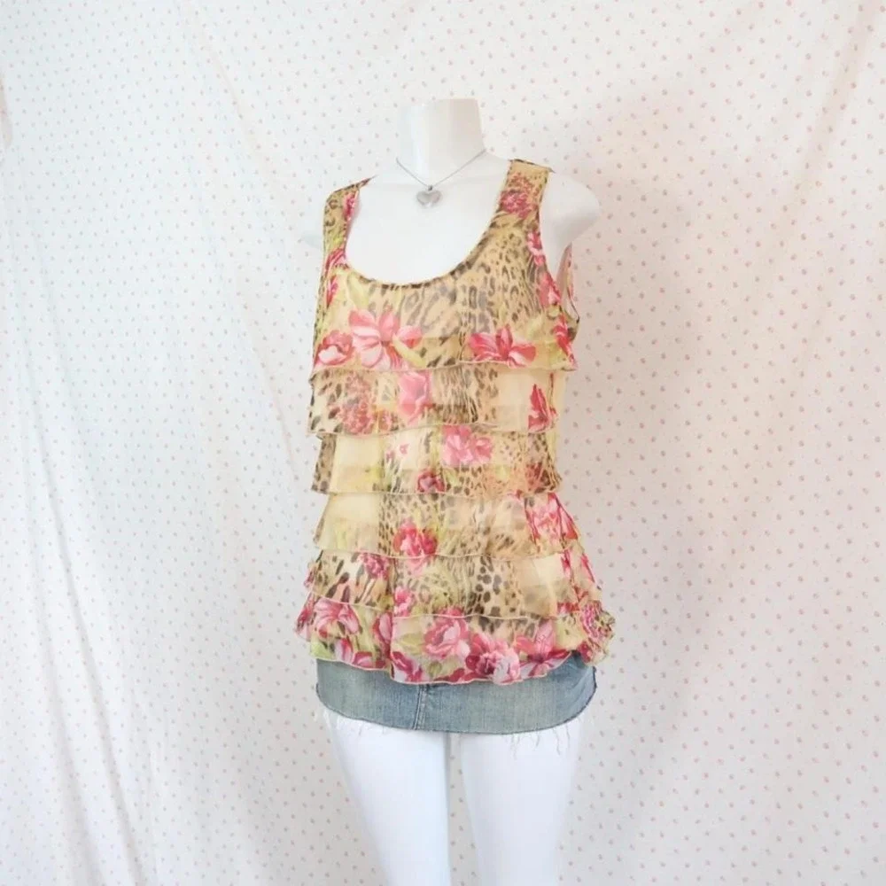 Eclipse Leopard Floral Ruffle Tank Top Y2K McBling - Picture 2 of 4